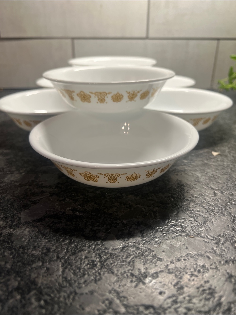 Set of 7 Vintage Corelle Discon Butterfly Gold dessert bowls. Exc condition.